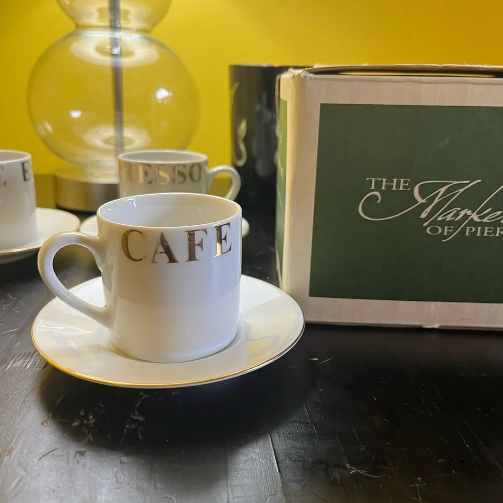 Pier 1 espresso cafe set of 4 white and gold cups and saucers